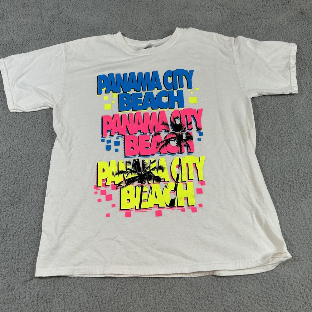 Panama City Beach Shirt Mens Medium White Neon Graphic Palm Tree Souvenir Tee